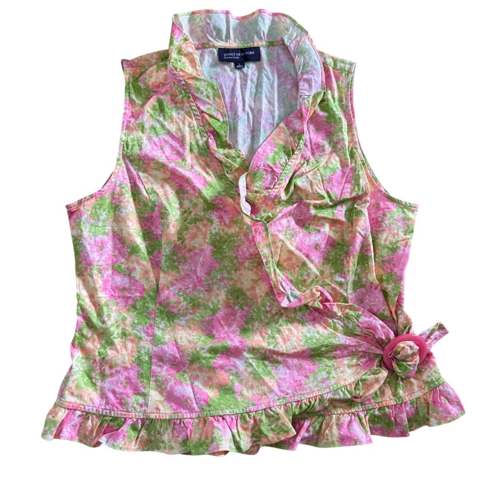 Jones New York Signature Pink Green Floral Ruffle Wrap Blouse WLA1V2147 Womens L